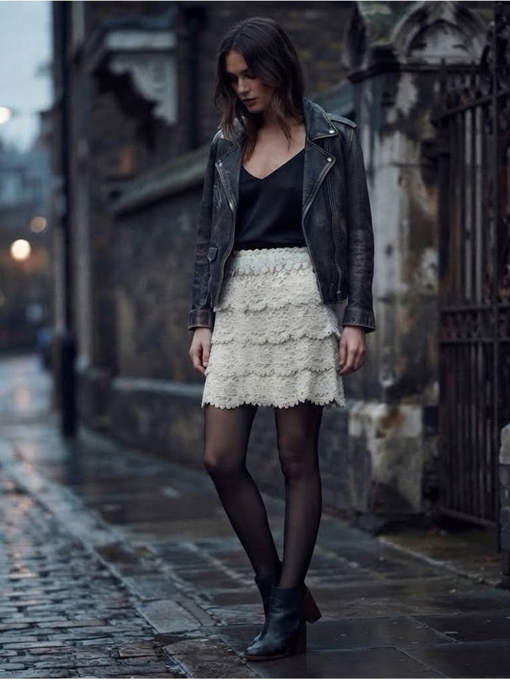 LOFT Cream Lace Tiered Mini Skirt